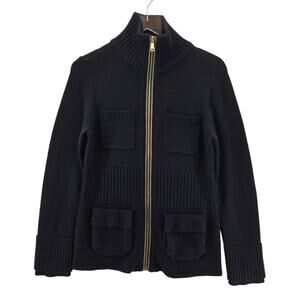 Magaschoni 100% Merino Wool Cardigan Sweater Small Black Gold Silver Tone Zipper